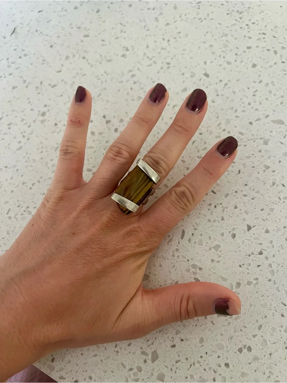 Chunky Silver “Fork” Ring with Brown Tiger's Eye Stone
